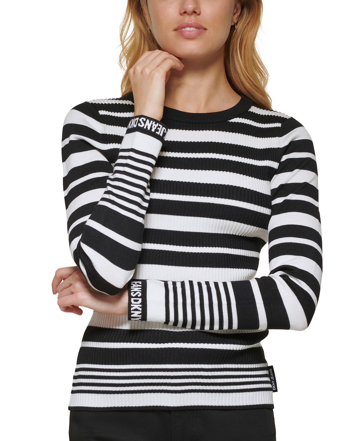 DKNY Womens Striped Logo-Cuff Crewneck Sweater