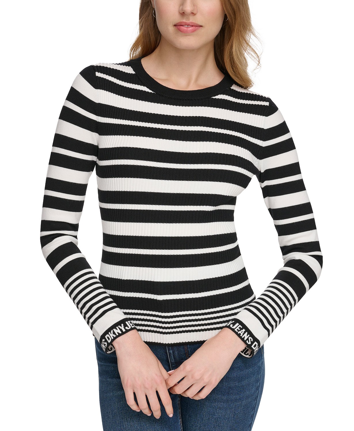 DKNY Womens Striped Logo-Cuff Crewneck Sweater