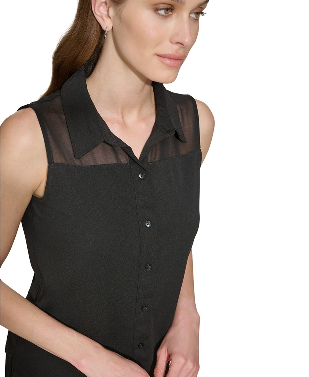DKNY Womens Mixed-Media Button-Front Sleeveless Top