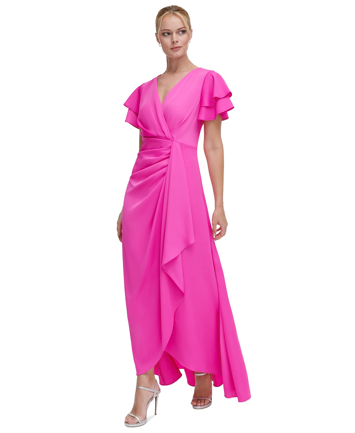 DKNY Womens Double Flutter-Sleeve Cascading Gown