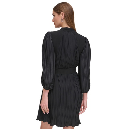 DKNY Womens Long-Sleeve Tie-Waist Pleated Dress