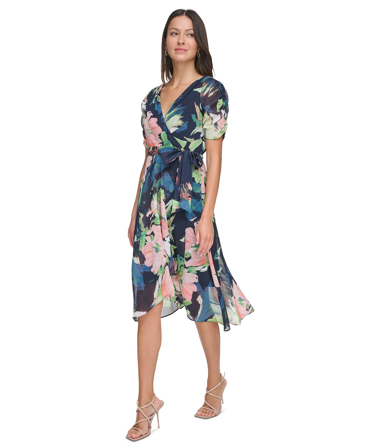 Womens Floral Tie-Waist Ruched-Sleeve Dress
