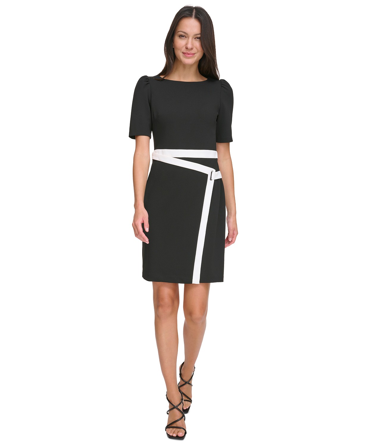 Womens Contrast Puff-Sleeve Boat-Neck Dress
