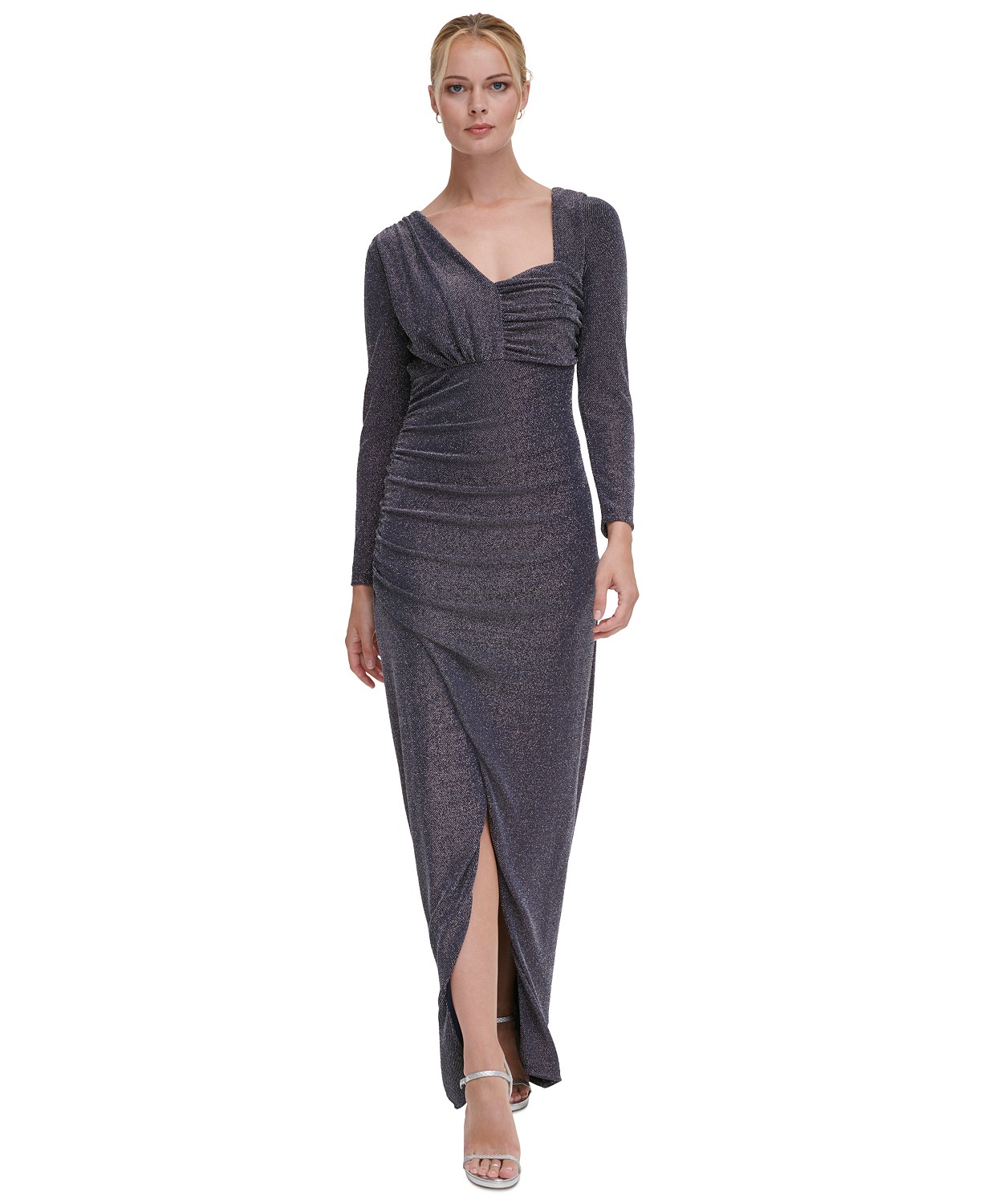Womens Shimmer Asymmetric-Neck Side-Ruched Gown