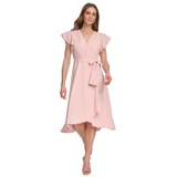 Womens Flutter-Sleeve Tie-Waist Faux-Wrap Dress