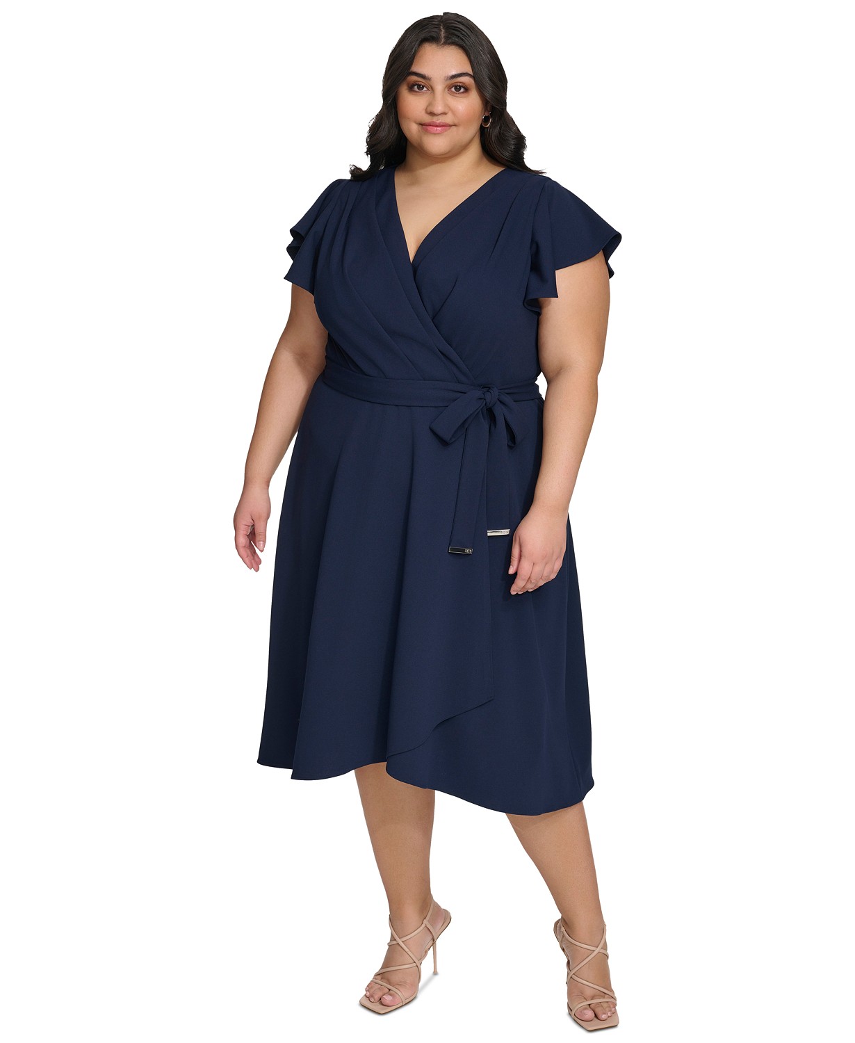 DKNY Plus Size Surplice-Neck Flutter-Sleeve Faux-Wrap Dress