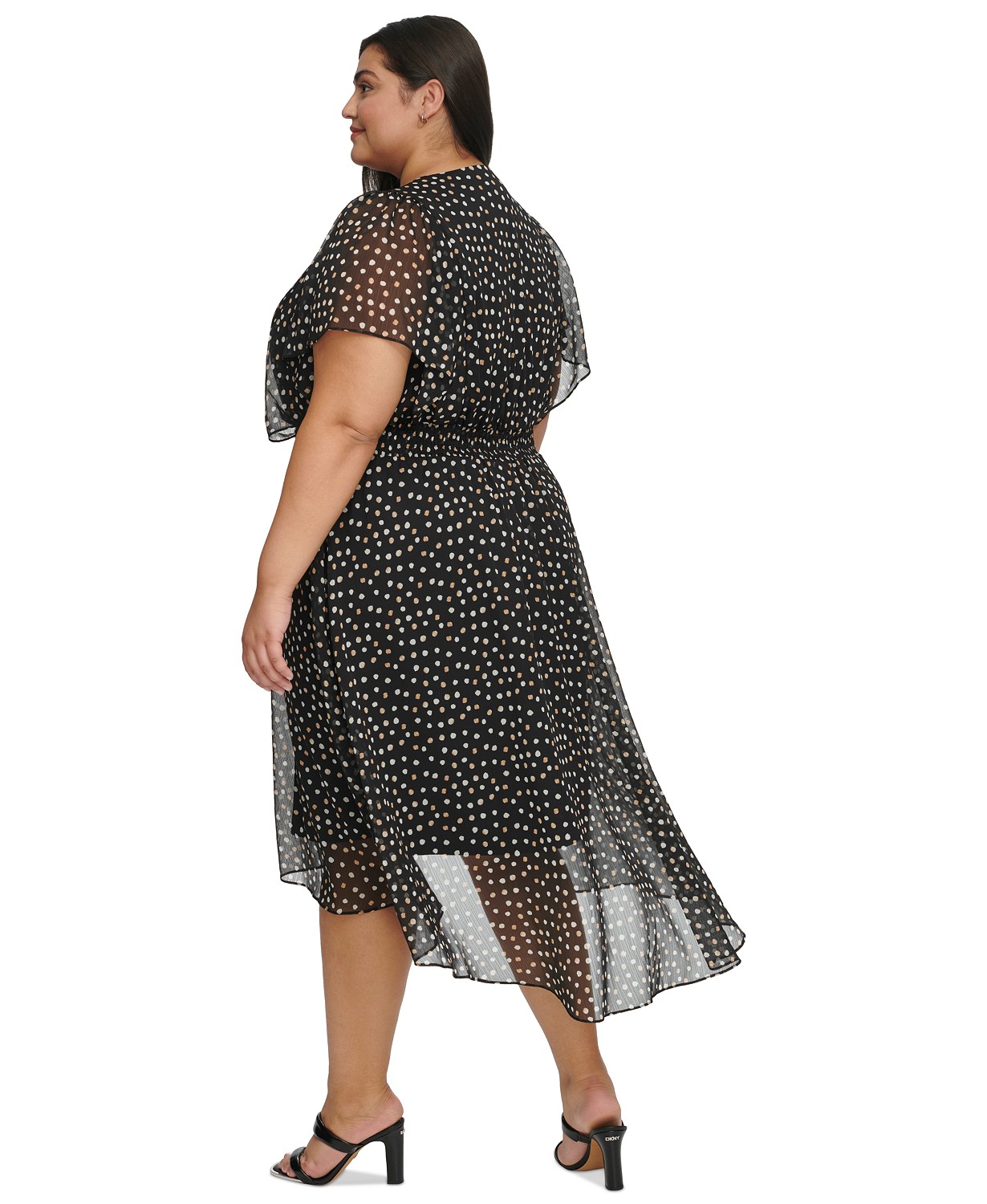 DKNY Plus Size Dot-Print Crinkle-Chiffon Smocked Midi Dress