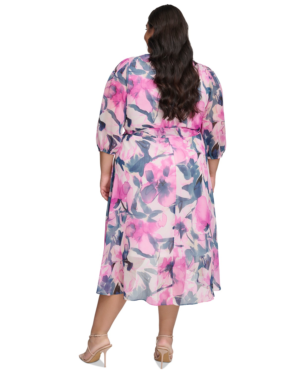 DKNY Plus Size Printed Blouson-Sleeve Faux-Wrap Dress