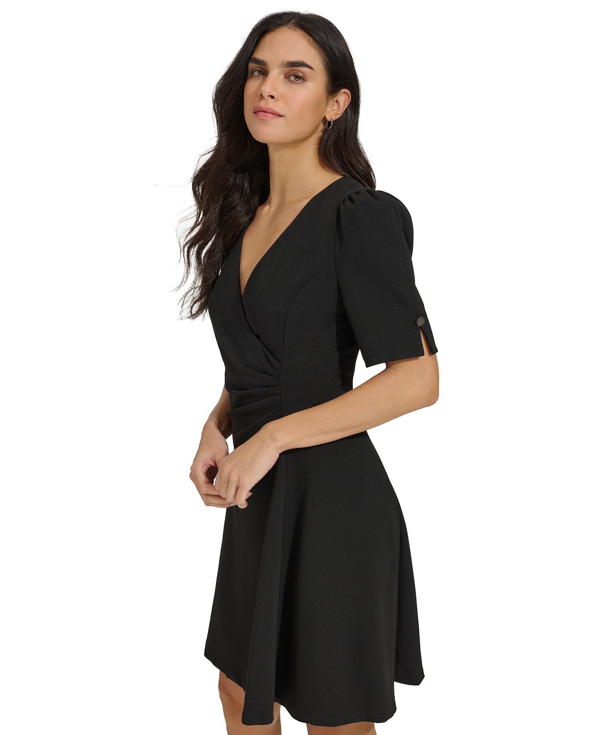 DKNY Womens Draped-Front Puff-Shoulder A-Line Dress
