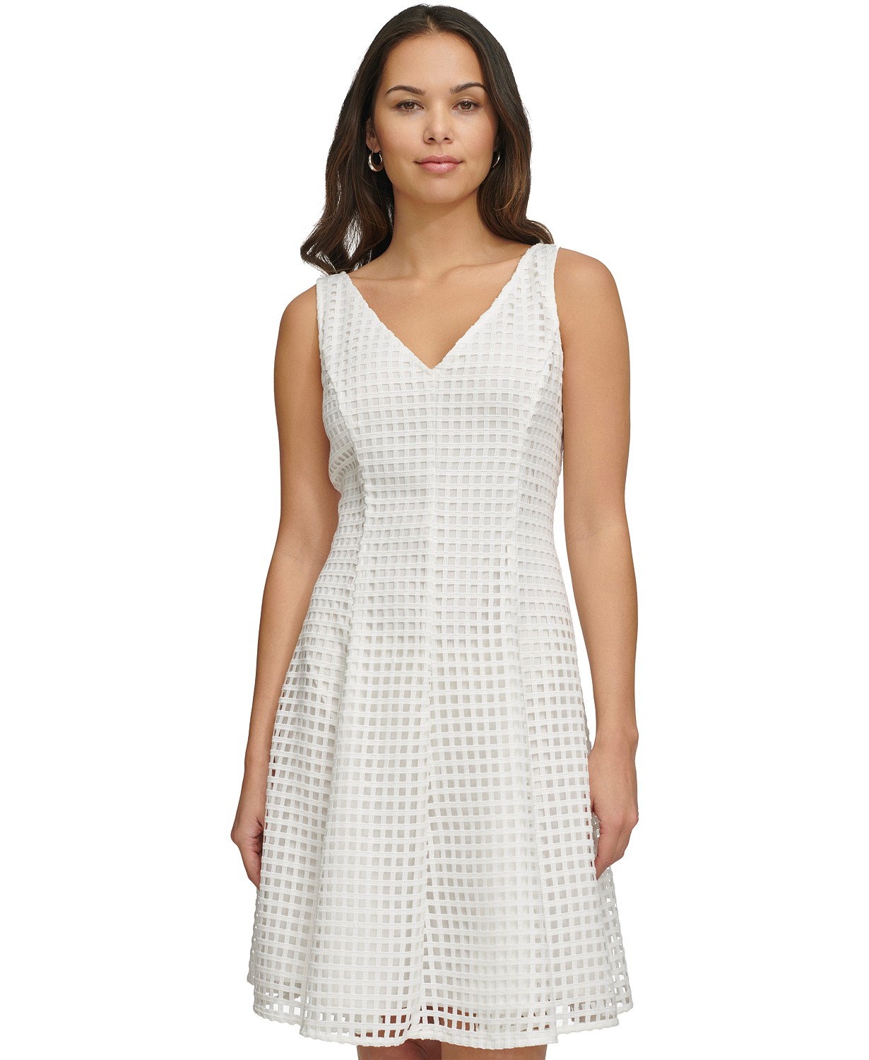 DKNY Womens Grid Cutout Sleeveless A-Line Dress