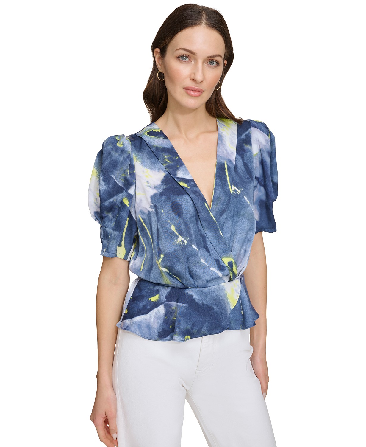 Womens Printed V-Neck Puff-Sleeve Top