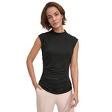 Womens Solid Shirred Mock-Neck Sleeveless Top