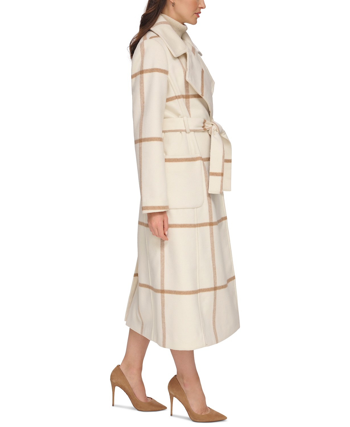 DKNY Womens Plaid Maxi Wool Blend Coat