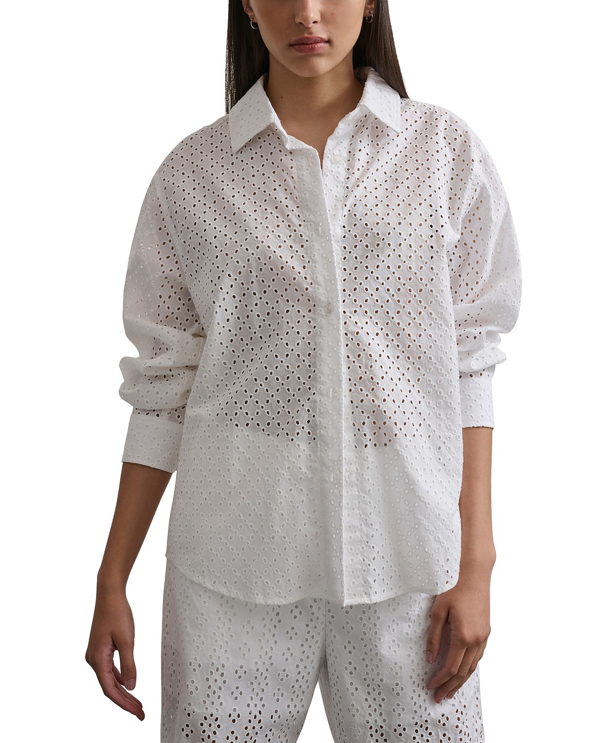 DKNY Womens Eyelet Long-Sleeve Button-Front Blouse