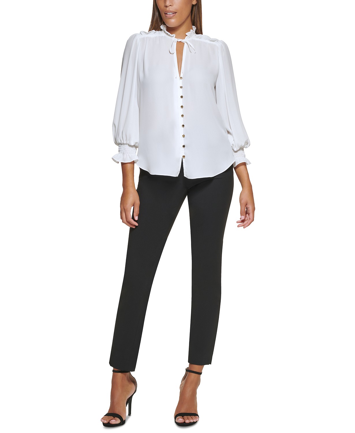 DKNY Petite Tie-Neck Button-Front Ruffled Top