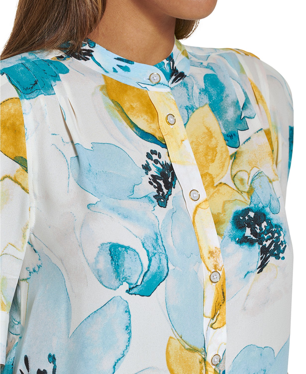 DKNY Petite Floral-Print Button-Down Blouse