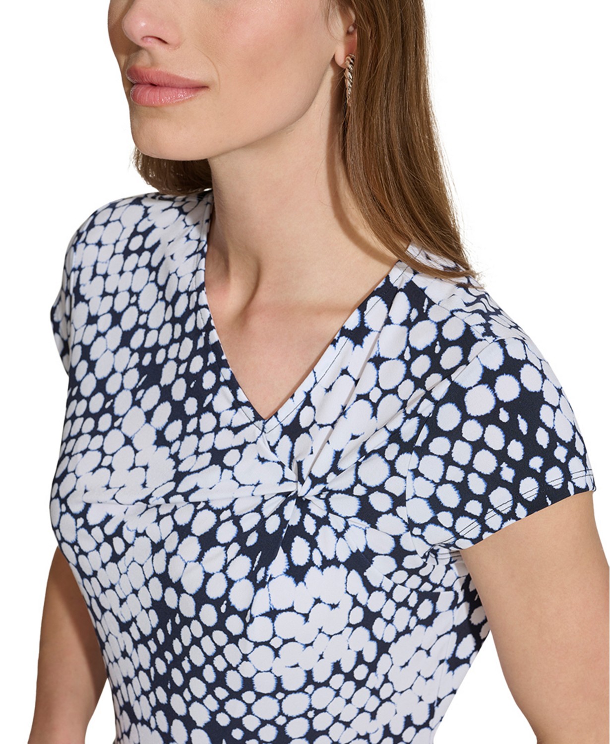 DKNY Petite Asymmetrical Dot-Print Cap-Sleeve Top
