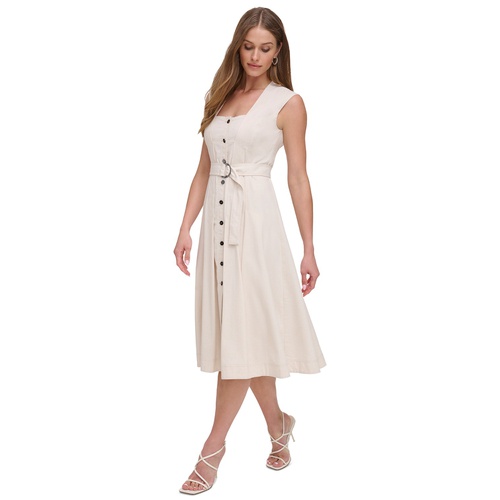 DKNY Womens Belted Button-Front Midi Dress