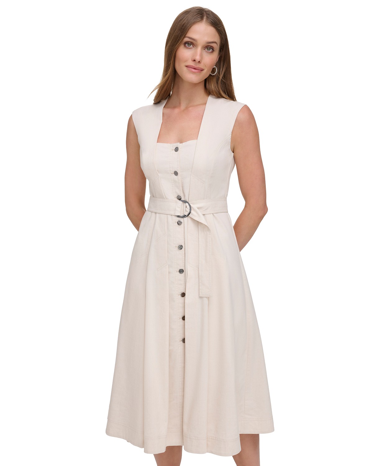 DKNY Womens Belted Button-Front Midi Dress