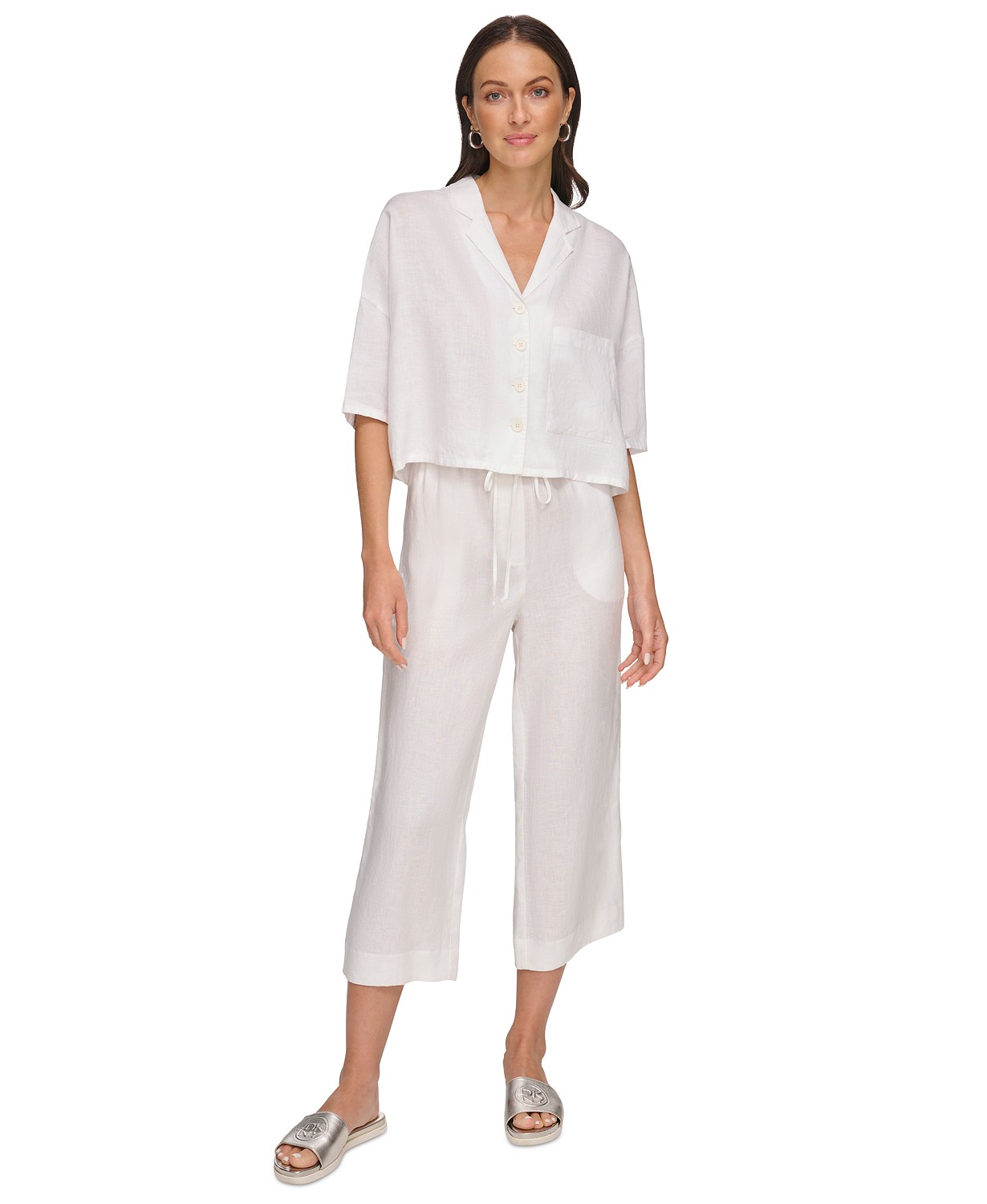 Womens Button-Front Dolman-Sleeve Linen Top