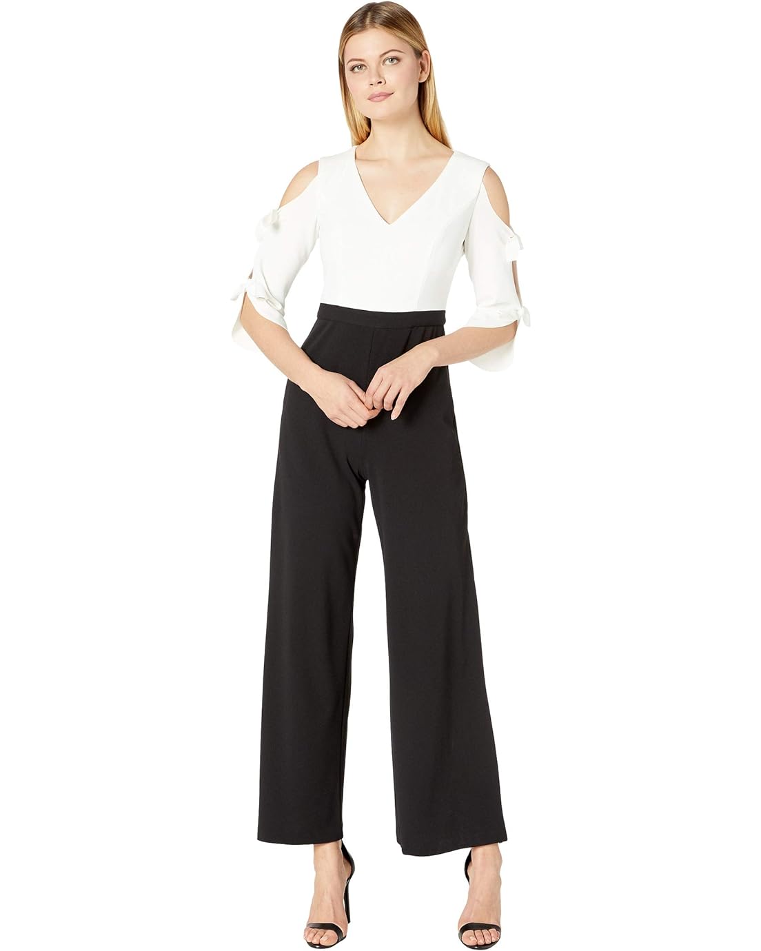 Donna Morgan Long Tie-Sleeve Stretch Crepe V-Neck and Contrast Color Jumpsuit