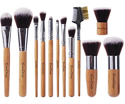 EmaxDesign 12 Pieces Makeup Brush Set Professional Bamboo Handle Premium Synthetic Kabuki Foundation Blending Blush Concealer Eye Face Liquid Powder Cream Cosmetics Brushes Kit Wit