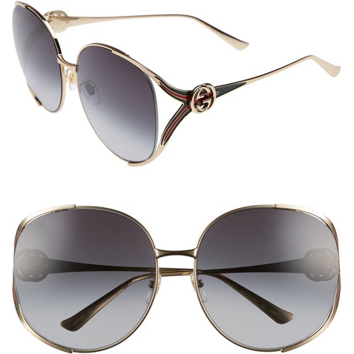 구찌 Gucci 63mm Gradient Oversize Open Temple Round Sunglasses_GOLD/ RED/ GREY