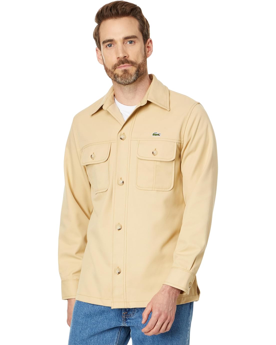 Lacoste Long Sleeve Overshirt Fit Button-Down Shirt w/ Two Front Pockets