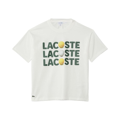 라코스테 Lacoste Kids Short Sleeve Crew Neck Tee Shirt with Large Wording Graphic + Tennis Ball (Little Kid/Toddler/Big Kid)