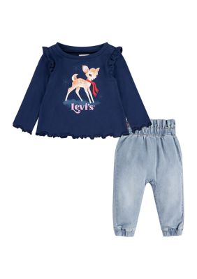 Baby Girls Long Sleeve Deer Graphic T-Shirt and Denim Pants Set