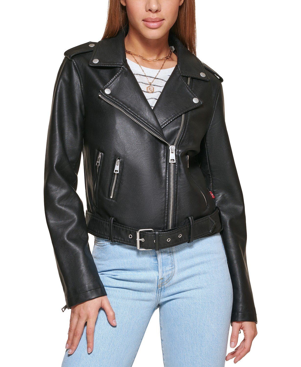 Womens Faux-Leather Belted Hem Moto Jacket