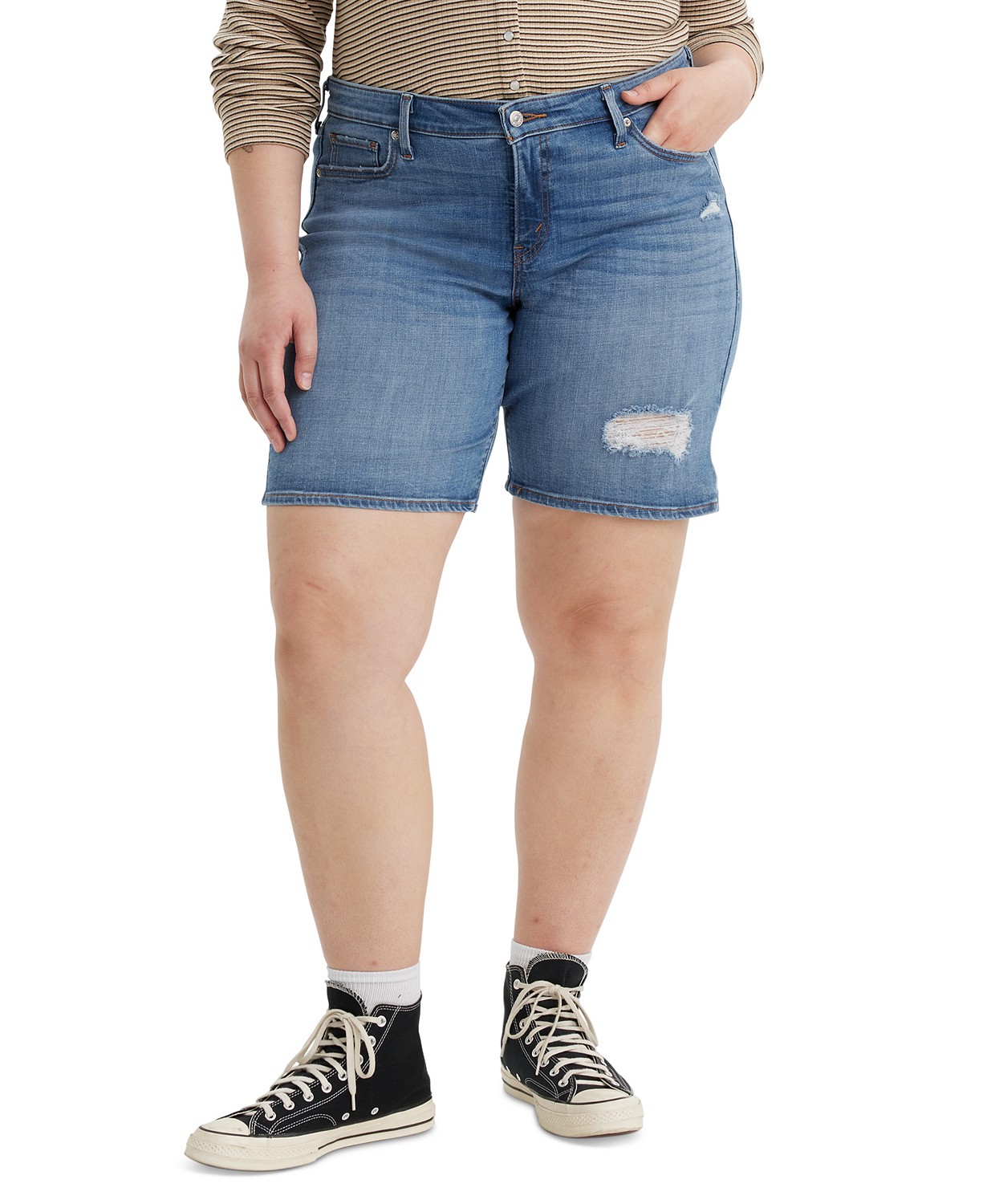 Plus Size Mid Length Distressed Denim Shorts