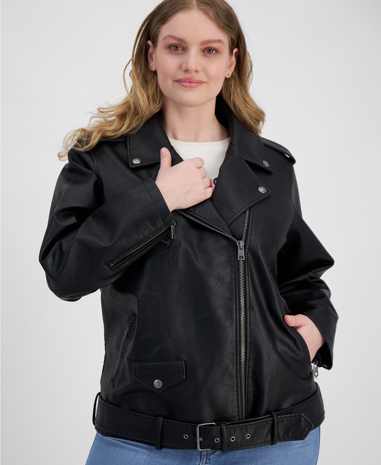 리바이스 Plus Size Faux Leather Long Line Belted Moto Jacket