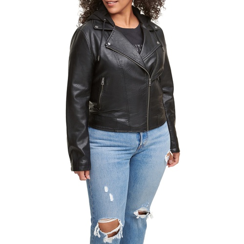 리바이스 Plus Size Trendy Hooded Faux Leather Moto Jacket