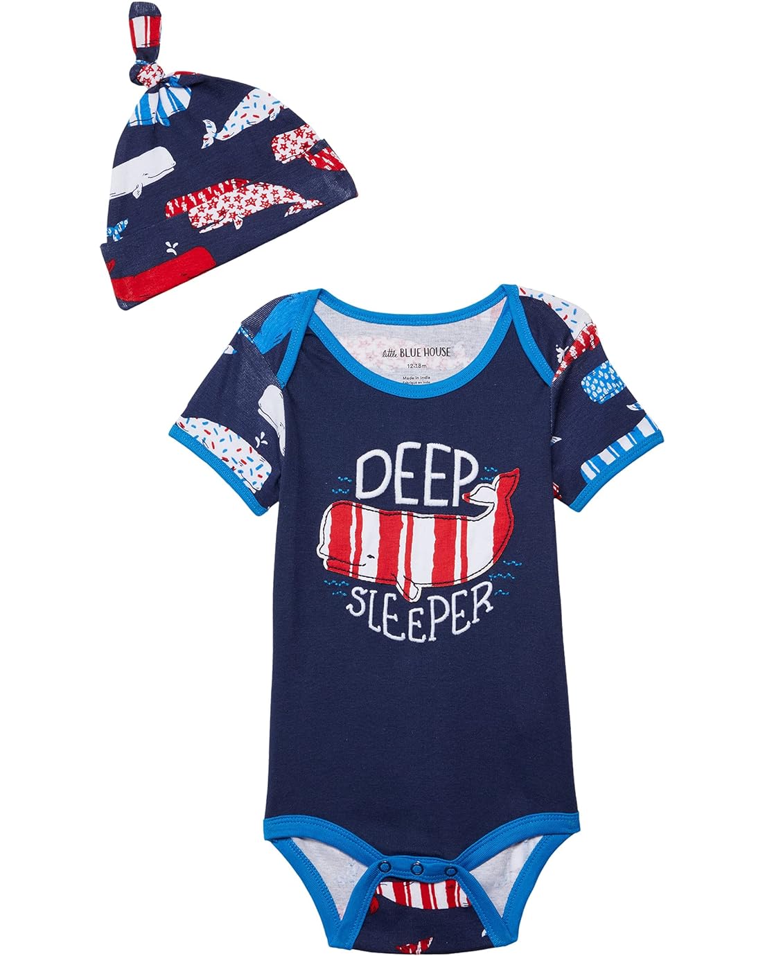 Little Blue House by Hatley Kids Nautical Whales Bodysuit with Hat (Infant)