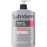 Lubriderm Mens 3-In-1 Unscented Lotion Enriched with Soothing Aloe for Body and Face, Non-Greasy Post Shave Moisturizer, Fragrance-Free, 16 fl. oz