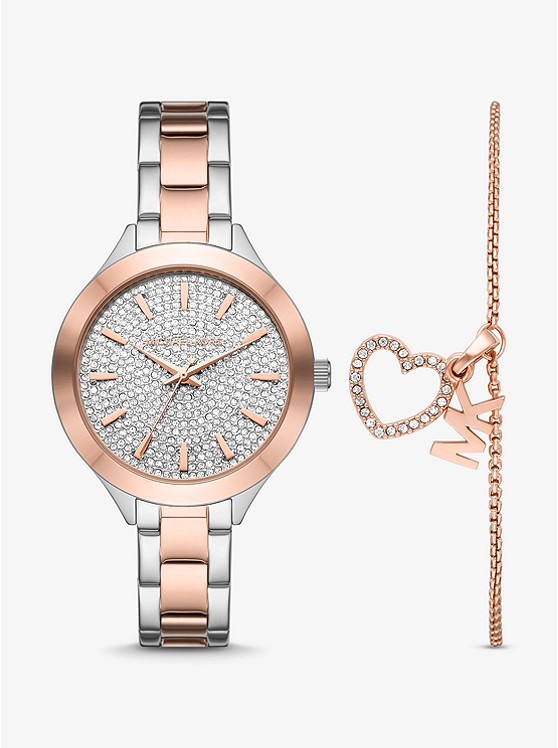Michael Kors Pave Two-Tone Watch and Heart Bracelet Set