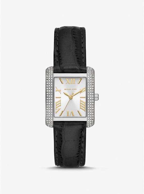 Michael Kors Mini Emery Pave Silver-Tone and Crocodile Embossed Leather Watch