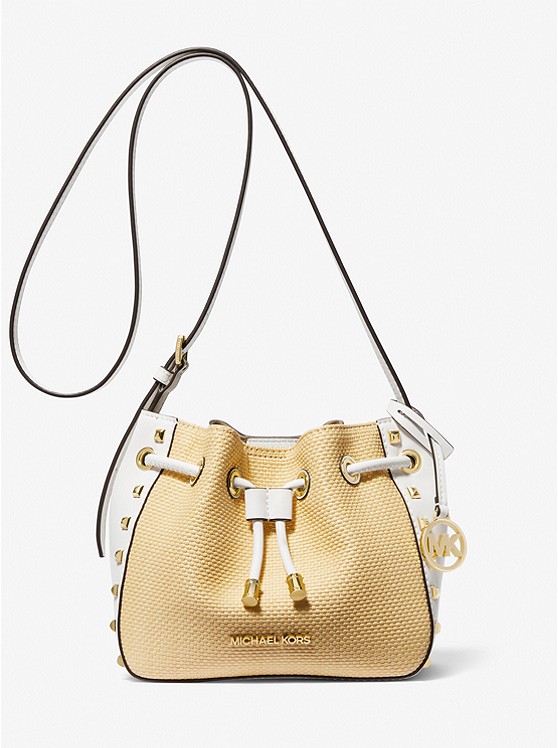 MICHAEL Michael Kors Phoebe Small Straw and Studded Faux Leather Bucket Messenger Bag