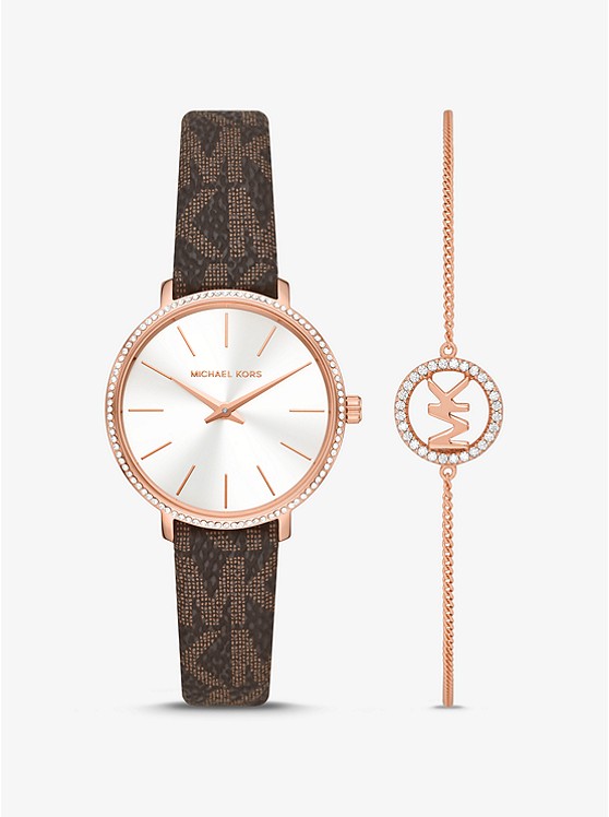 Michael Kors Pyper Logo and Rose Gold-Tone Watch and Bracelet Set