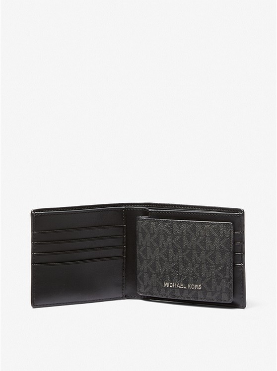 마이클코어스 Michael Kors Mens Logo and Faux Leather Stripe Wallet With Passcase Gift Set