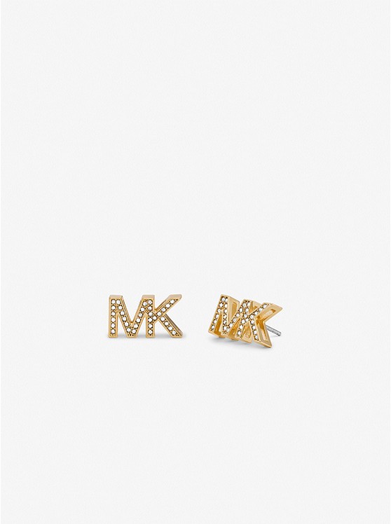 Michael Kors Tri-Tone Brass Pave Logo Stud Earrings