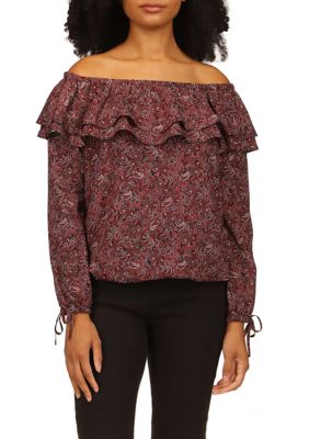 Womens Off the Shoulder Paisley Print Ruffle Top
