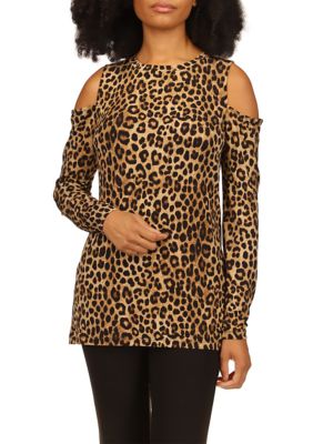 Womens Cheetah Print Long Sleeve Cold Shoulder Shirt