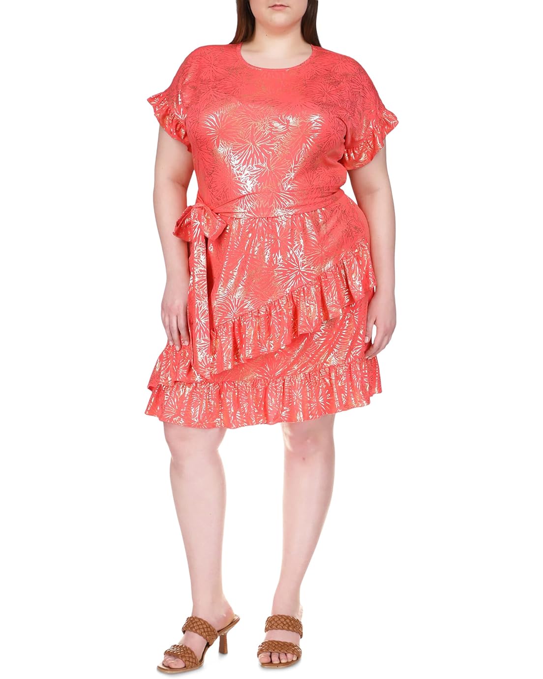 마이클코어스 MICHAEL Michael Kors Plus Size Foil Matte Jersey Ruffle Wrap Dress