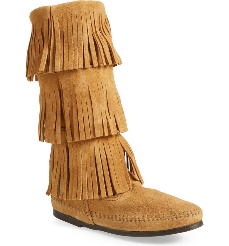 Minnetonka 3-Layer Fringe Boot_TAUPE SUEDE