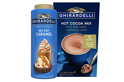 Needzo Ghirardelli Sea Salt Caramel Hot Cocoa Gift Pack, Sea Salt Caramel Sauce, Hot Cocoa Mix With Chocolate Chips, Gift Set