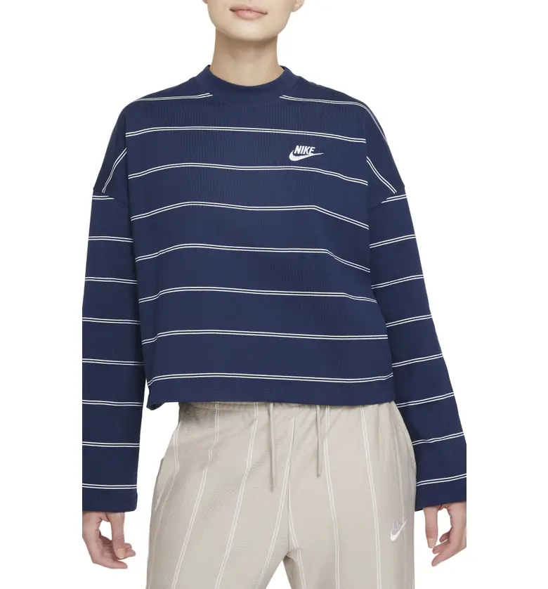 Nike Stripe Long Sleeve Cotton Top_MIDNIGHT NAVY/ WHITE