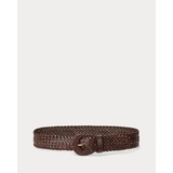 Crescent-Buckle Woven Leather Wide Belt