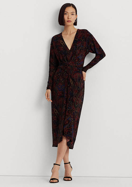 Checked Paisley Twist-Front Jersey Dress
